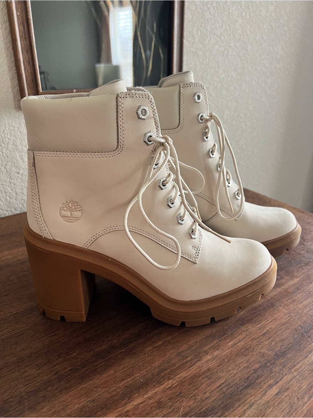 Timberland Cream Lace-Up Heeled Ankle Boots with Tan Platform